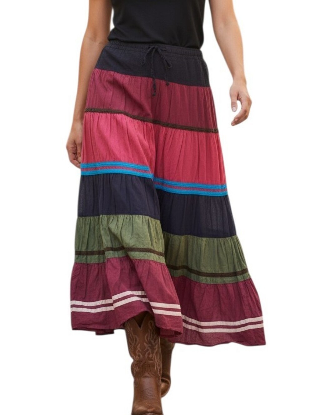 Candie's Colorful Tiered Maxi Skirt Peasant Bohemian Cotton Festival Vintage